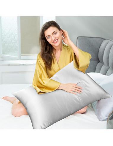 Funda de Almohada de Seda Morera J JIMOO Rey 50x90 cm Gris