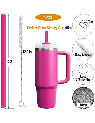 Paquete de 6 Popotes Reutilizables Rosa FXTBE para Taza Stanley 40 oz