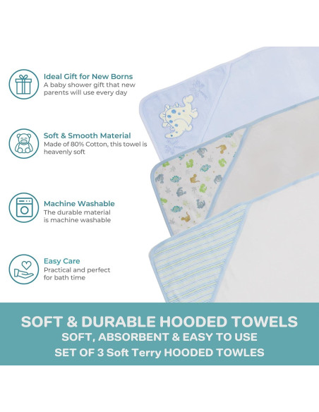 Juego de 3 toallas con capucha Spasilk Baby Dino Azul 66x76 cm