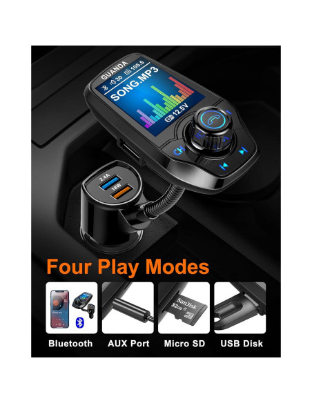 Transmisor FM Bluetooth Guanda RM100 Carga Rápida 18W Negro
