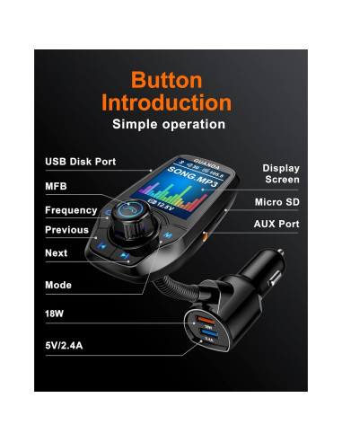 Transmisor FM Bluetooth Guanda RM100 Carga Rápida 18W Negro