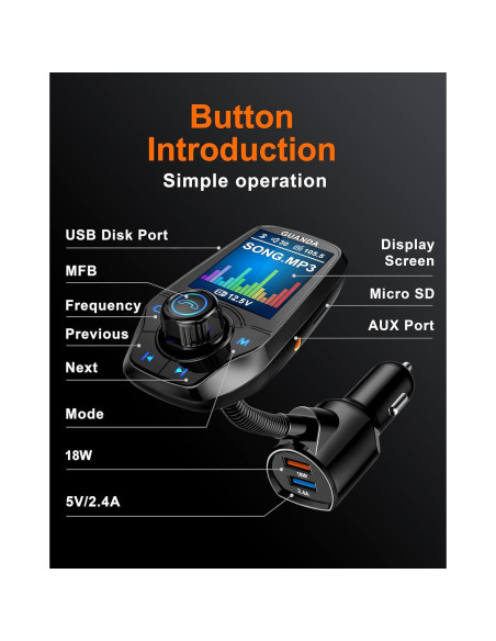 Transmisor FM Bluetooth Guanda RM100 Carga Rápida 18W Negro