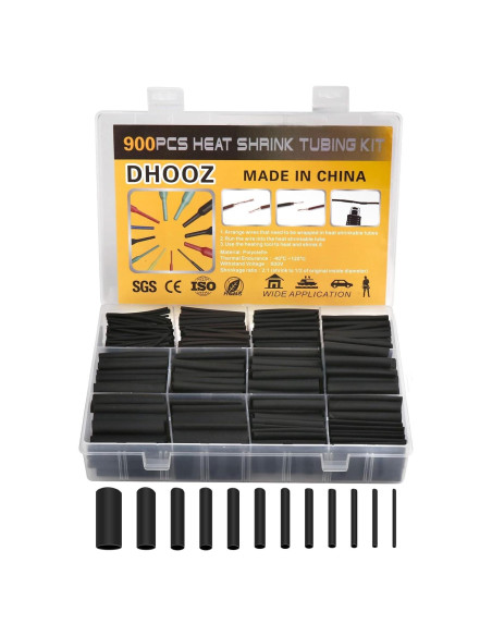 Kit de Tubos Termocontraíbles 900 Piezas DHOOZ - Negro 12 Tamaños