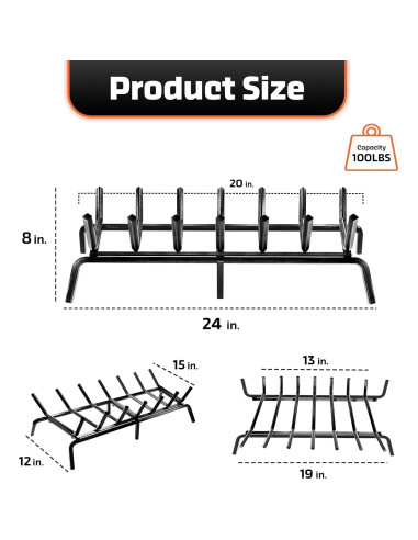 Rejilla de Chimenea IDZO 24" Acero Sólido con Soporte Mejorado