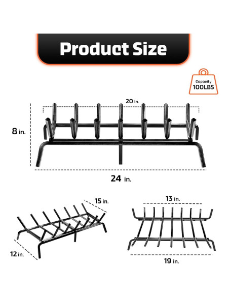 Rejilla de Chimenea IDZO 24" Acero Sólido con Soporte Mejorado