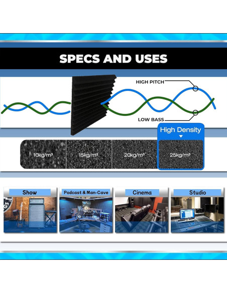 Paneles Acústicos Arrowzoom 12 Piezas 10x10x5cm Espuma Negra