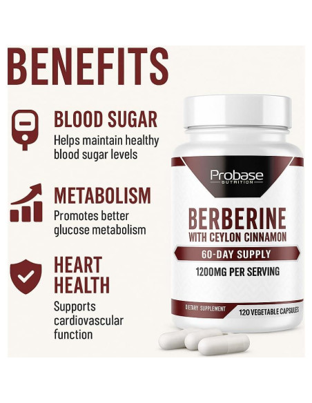 Suplemento de Berberina Probase Nutrition 1200mg - 120 Cápsulas Veganas