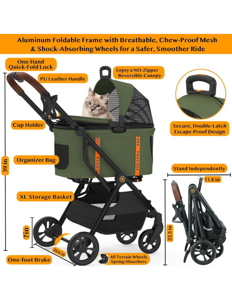 Carrito de Paseo PAWZIDEA 4 en 1 para Perros Pequeños y Medianos