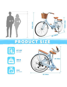 Bicicleta de Playa Plegable Kaiwrxin 26" 7 Velocidades Azul 2