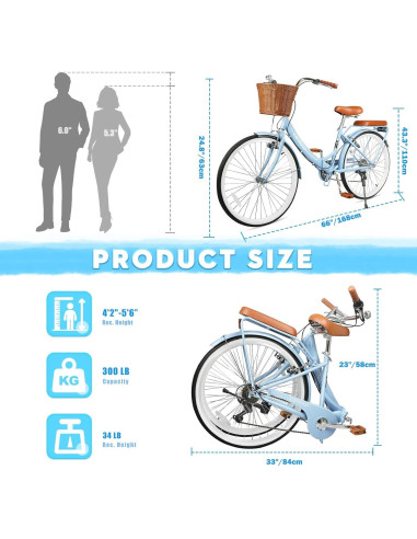 Bicicleta de Playa Plegable Kaiwrxin 26" 7 Velocidades Azul