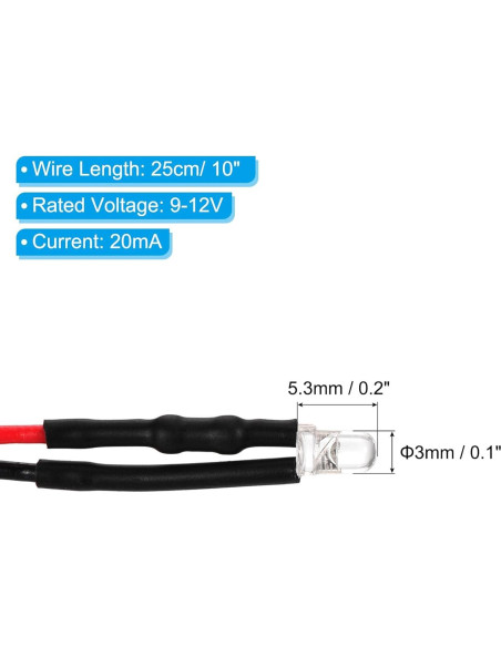 Diodos LED Azul 3mm PATIKIL 24 Pcs 9-12V Pre Cableados