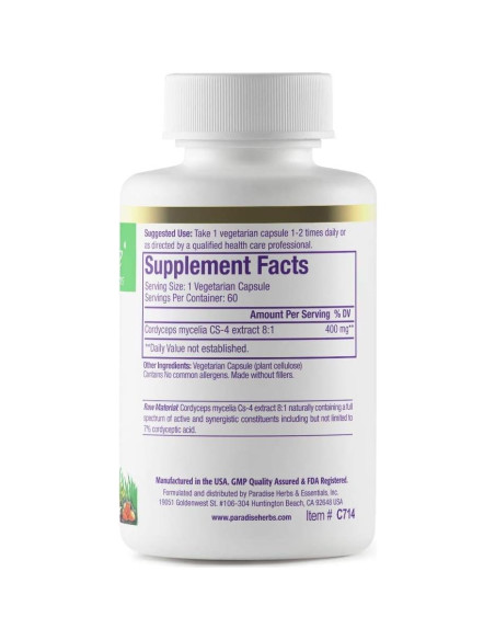 Extracto de Cordyceps CS-4 Paradise Herbs, 60 Cápsulas Veganas