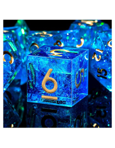 Juego de Dados DND AUSTOR 7 Caras Hecho a Mano Azul y Dorado