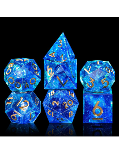 Juego de Dados DND AUSTOR 7 Caras Hecho a Mano Azul y Dorado