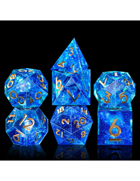 Juego de Dados DND AUSTOR 7 Caras Hecho a Mano Azul y Dorado