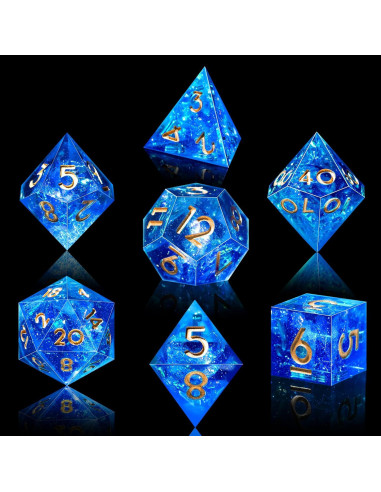 Juego de Dados DND AUSTOR 7 Caras Hecho a Mano Azul y Dorado