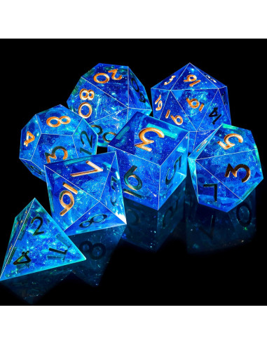 Juego de Dados DND AUSTOR 7 Caras Hecho a Mano Azul y Dorado
