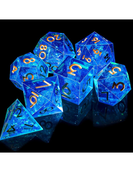Juego de Dados DND AUSTOR 7 Caras Hecho a Mano Azul y Dorado