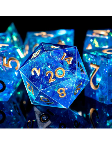 Juego de Dados DND AUSTOR 7 Caras Hecho a Mano Azul y Dorado