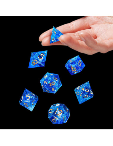 Juego de Dados DND AUSTOR 7 Caras Hecho a Mano Azul y Dorado