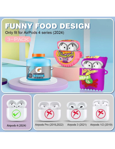 Paquete 3 Fundas Silicona Kawaii para Airpods 4 - Azul, Morado, Rosa