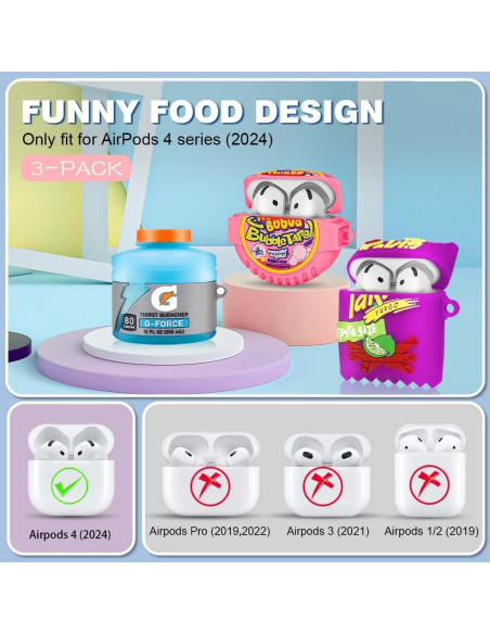 Paquete 3 Fundas Silicona Kawaii para Airpods 4 - Azul, Morado, Rosa