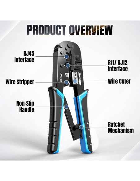 Herramienta de Crimpado AMPCOM AM-568R para RJ45 y RJ11