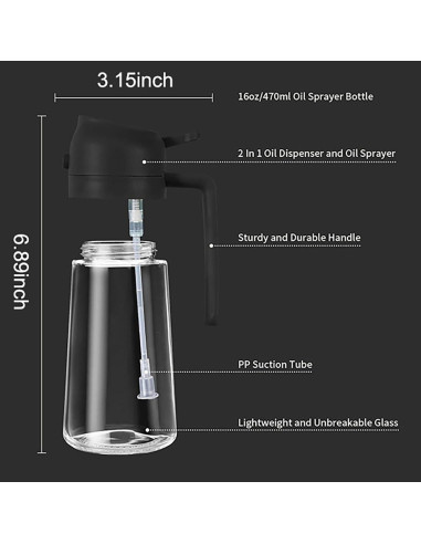 Dispensador de aceite de vidrio XJYWSH 470ml 2 en 1 para cocinar