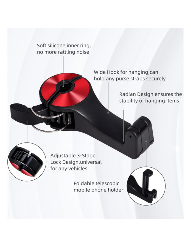 Ganchos para Asientos de Auto Amooca 2 en 1 con Bloqueo Rojo