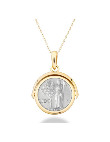 Colgante Reversible de Moneda 100 Lira Miabella Plata 925 Oro 18K