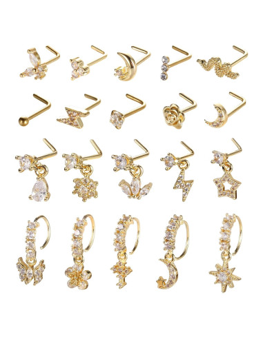 Juego de 20 Aros de Nariz de Acero Inoxidable Baño Oro 14K