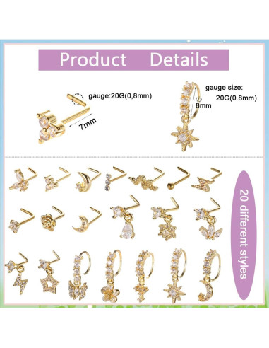 Juego de 20 Aros de Nariz de Acero Inoxidable Baño Oro 14K