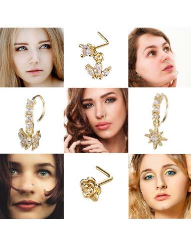 Juego de 20 Aros de Nariz de Acero Inoxidable Baño Oro 14K