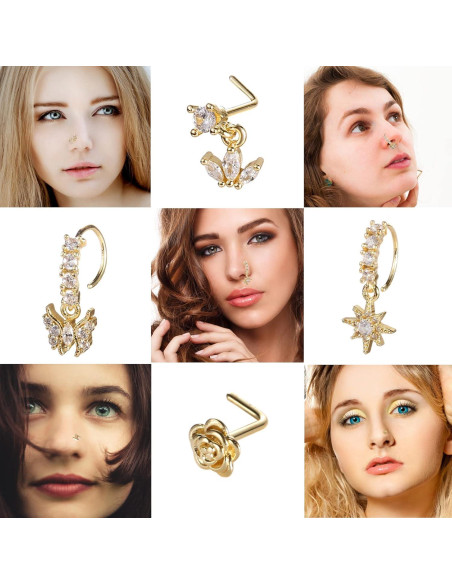 Juego de 20 Aros de Nariz de Acero Inoxidable Baño Oro 14K