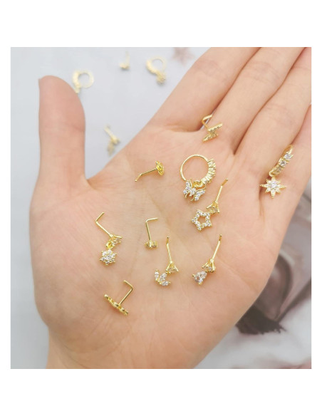 Juego de 20 Aros de Nariz de Acero Inoxidable Baño Oro 14K