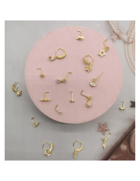 Juego de 20 Aros de Nariz de Acero Inoxidable Baño Oro 14K