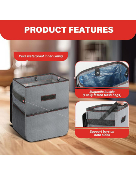 Basurero de Coche Simple Deluxe Plegable 7.57L Gris