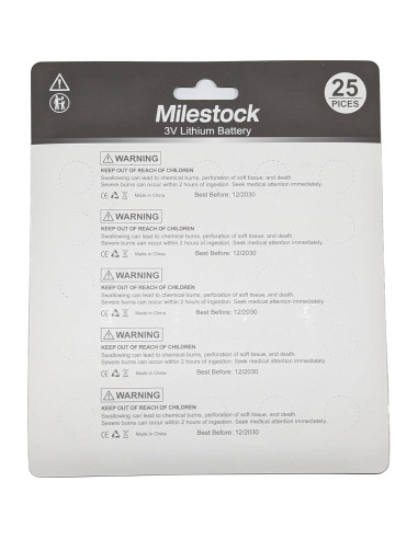 25 Pzs Baterías de Botón Litio 3V Milestock CR1620 CR1632 CR2025 CR2032 CR2450