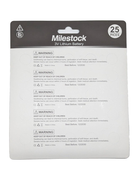 25 Pzs Baterías de Botón Litio 3V Milestock CR1620 CR1632 CR2025 CR2032 CR2450