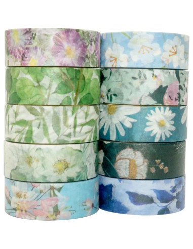 Cinta Washi Decorativa YUBBAEX 10 Rollos Flores Tono Frío
