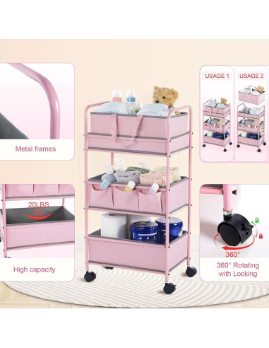 Carro Organizador de Pañales Honeydak 3 Niveles Rosa