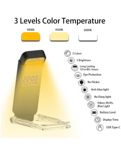 Luz de Libro LED SFV Recargable USB Clip-on 3 Colores 5 Brillos 2