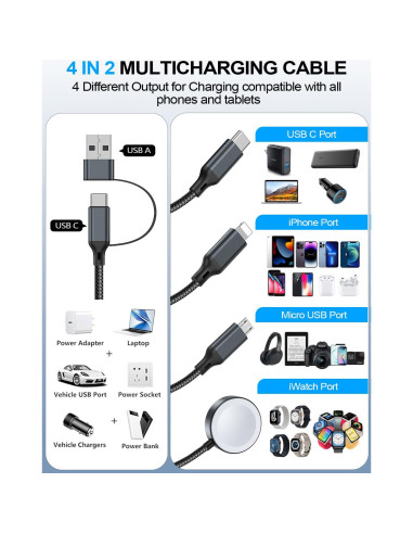 Cable de Carga 4-en-2 Tipo C USB A para Apple Watch iPhone