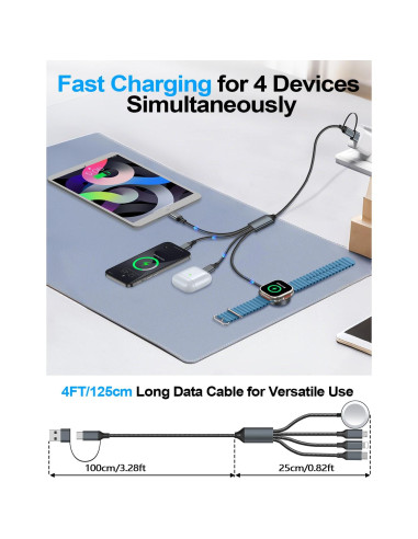 Cable de Carga 4-en-2 Tipo C USB A para Apple Watch iPhone