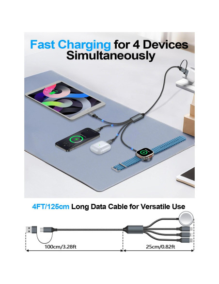 Cable de Carga 4-en-2 Tipo C USB A para Apple Watch iPhone