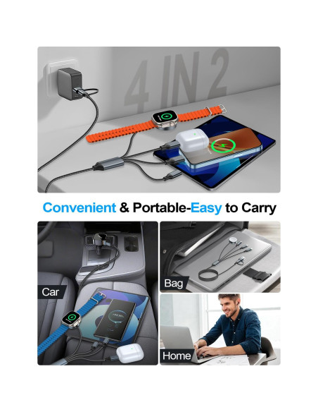 Cable de Carga 4-en-2 Tipo C USB A para Apple Watch iPhone
