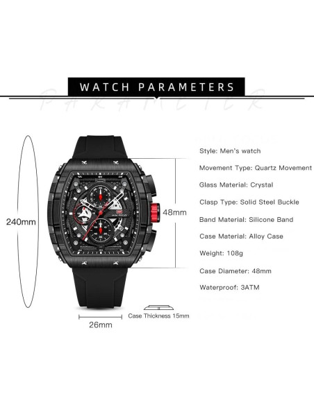 Reloj de Pulsera Cronógrafo YUNSML Hombre Silicona Negra 48mm