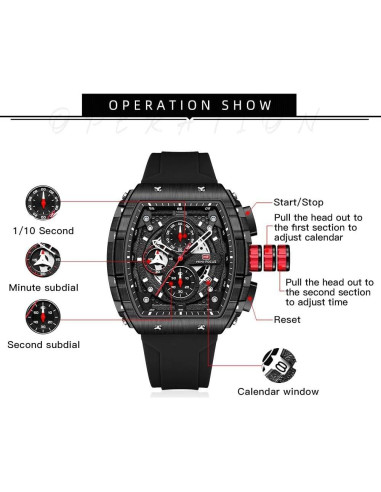 Reloj de Pulsera Cronógrafo YUNSML Hombre Silicona Negra 48mm