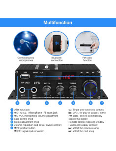 Amplificador de Audio Estéreo AK-390 Bluetooth 5.0 40W 2.0 Canal 2
