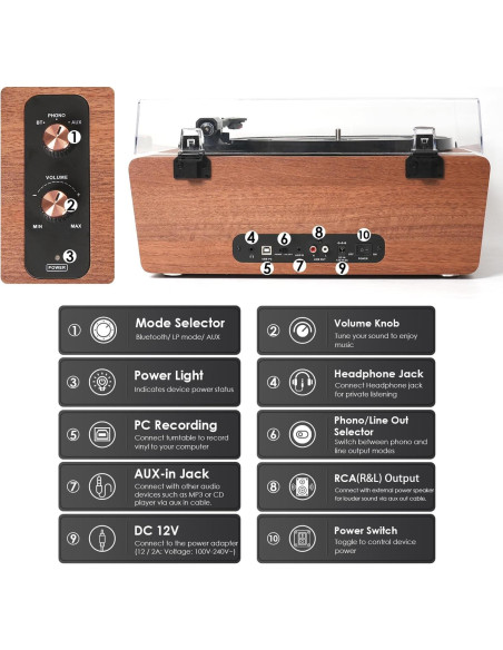 Reproductor de Vinilo Bluetooth VICTRESS TE-2039BR 3 Velocidades